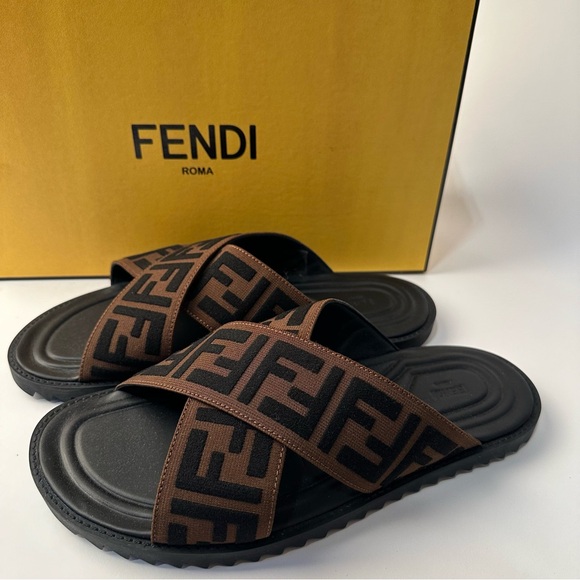 Fendi Other - Fendi Men's Black and Brown Logo Slide Sandals